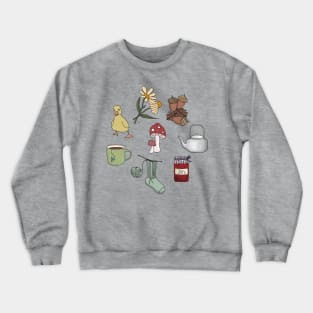 Cottagecore Starter Pack - Cottage Lifestyle Acorns, knitting, jam, duckling, daisy, kettle and enamel camping cup Crewneck Sweatshirt